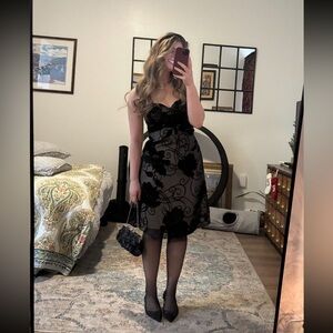 Strapless silk blend midi knee length dress, black mesh velvet patterned WHBM